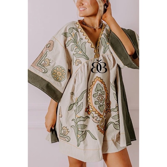 Beige & Green Boho Embroidered V Neck 3/4 Sleeve Babydoll Mini Dress - Picture 9 of 16